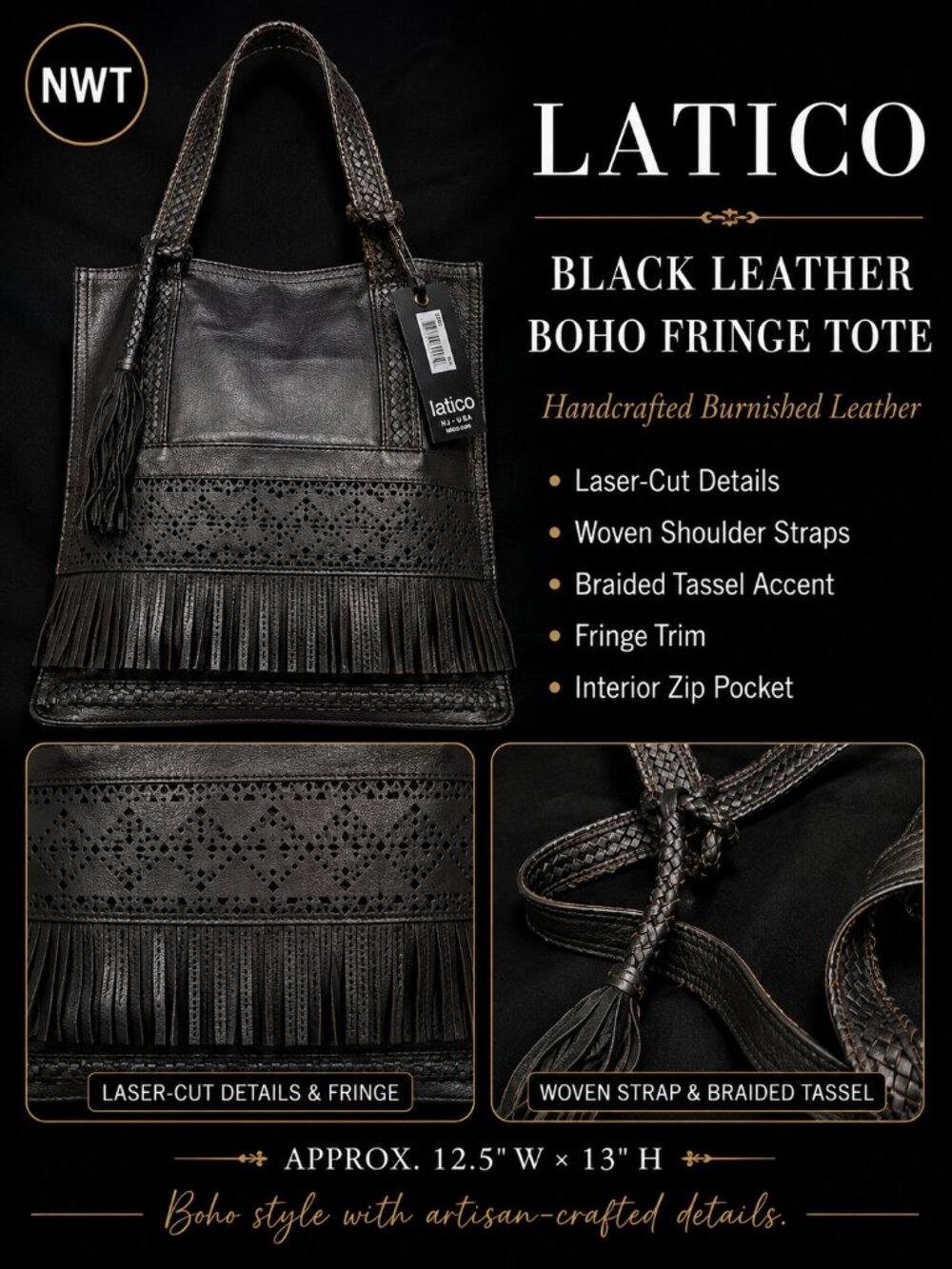 Latico Black Leather Boho Fringe Tote Bag | NWT | Burnished Leather